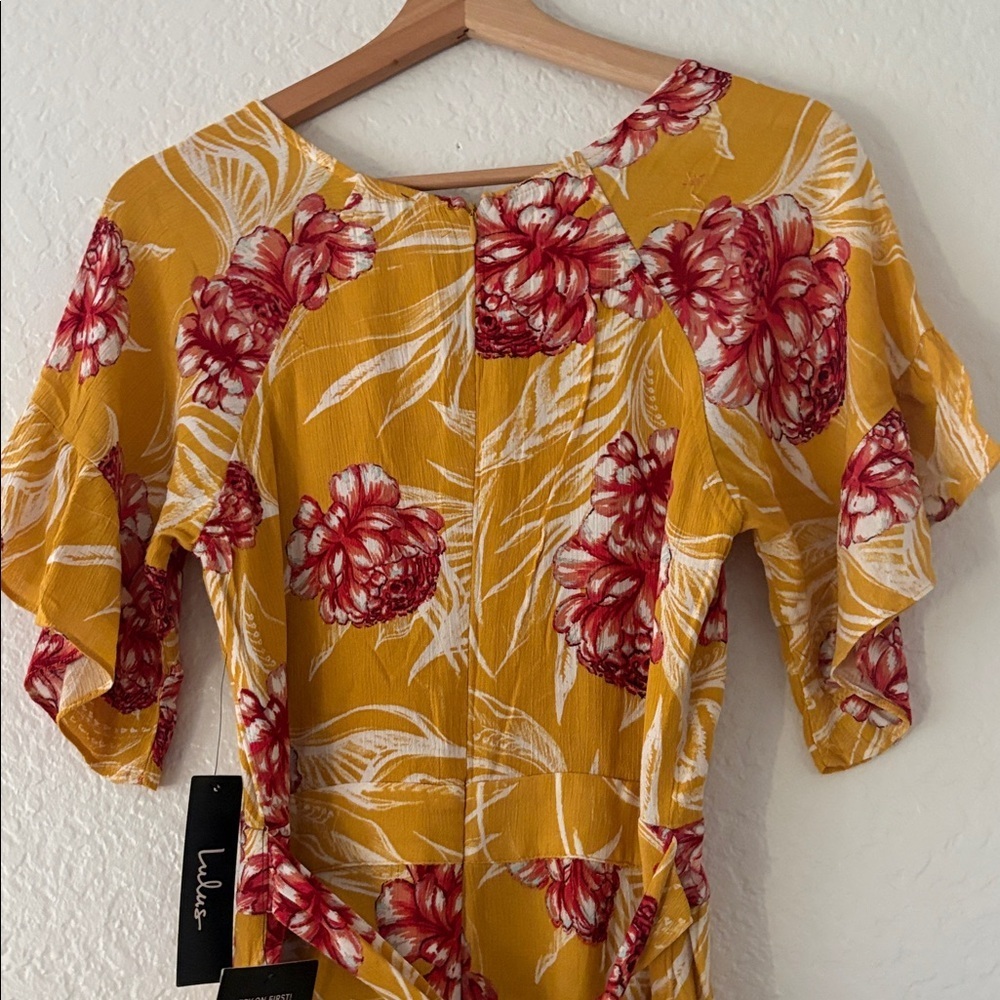 NWT Lulus Garden's Glory Mustard Yellow Floral Print Culotte Jumpsuit - Picture 9 of 16